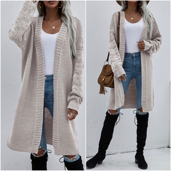 Cozy Beige Oversized Open Front Long Cardigan - Picture 2 of 5